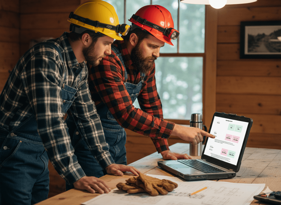 Workers reviewing safety data on a laptop